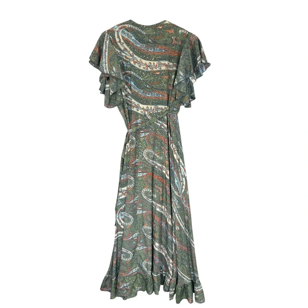 Perry Walker Silk Blend Paisley Print Wrap Maxi Ruffle Dress M Boho Coastal